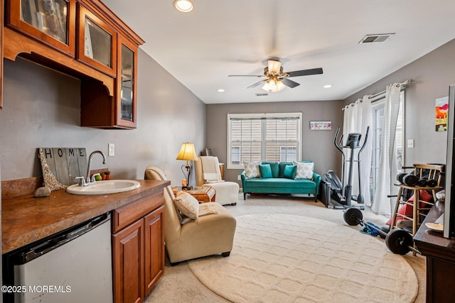 414 Bay Blvd Unit B, Seaside Heights, NJ 08751 - living room featuring light carpet, ceiling fan, and recessed lighting