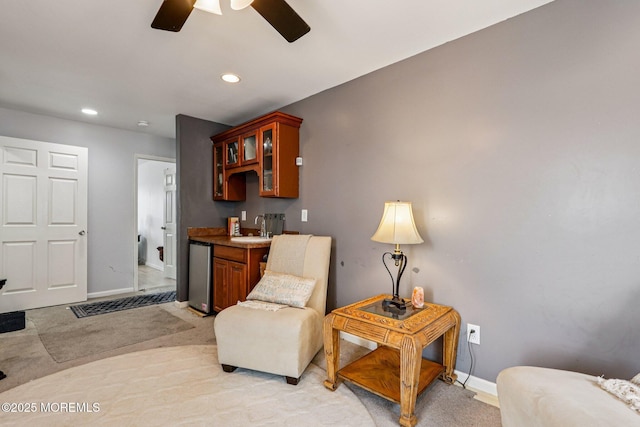 414 Bay Blvd Unit B, Seaside Heights, NJ 08751 - sitting room with ceiling fan, light carpet, recessed lighting, and bar with sink