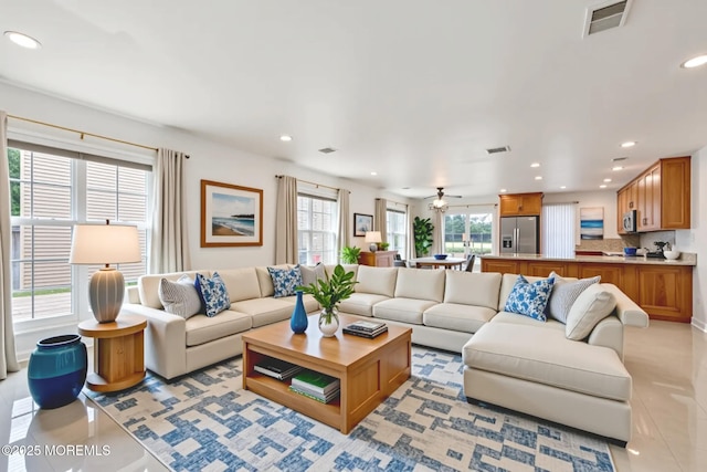 414 Bay Blvd Unit B, Seaside Heights, NJ 08751 - living area with recessed lighting, light tile patterned flooring, and a ceiling fan