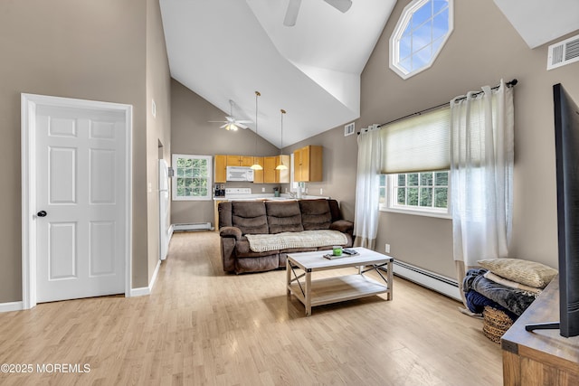 40 Centerville Rd, Holmdel, NJ 07733 - living area featuring a ceiling fan, high vaulted ceiling, light wood-type flooring, a baseboard radiator, and baseboard heating