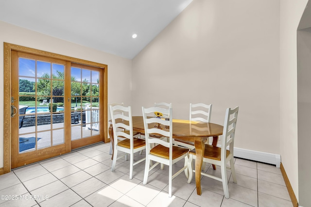 40 Centerville Rd, Holmdel, NJ 07733 - dining room featuring a baseboard heating unit, vaulted ceiling, light tile patterned floors, french doors, and recessed lighting