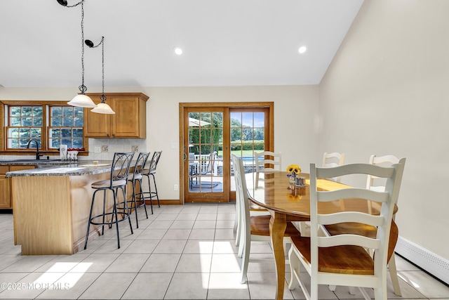 40 Centerville Rd, Holmdel, NJ 07733 - dining area with light tile patterned flooring, a baseboard heating unit, lofted ceiling, and recessed lighting