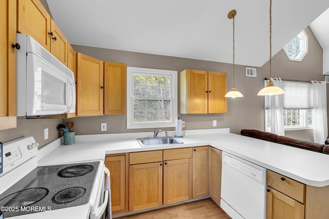 40 Centerville Rd, Holmdel, NJ 07733 - kitchen with white appliances, a peninsula, healthy amount of natural light, and lofted ceiling
