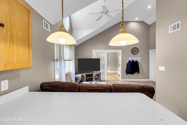 40 Centerville Rd, Holmdel, NJ 07733 - living room with high vaulted ceiling, a ceiling fan, and recessed lighting