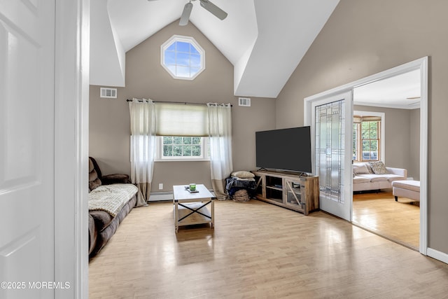 40 Centerville Rd, Holmdel, NJ 07733 - living room with a ceiling fan, wood finished floors, vaulted ceiling, and a baseboard radiator