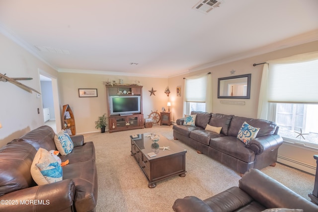 1920 Kenilworth Ct, Toms River, NJ 08753 - living room with a baseboard heating unit, carpet floors, and ornamental molding