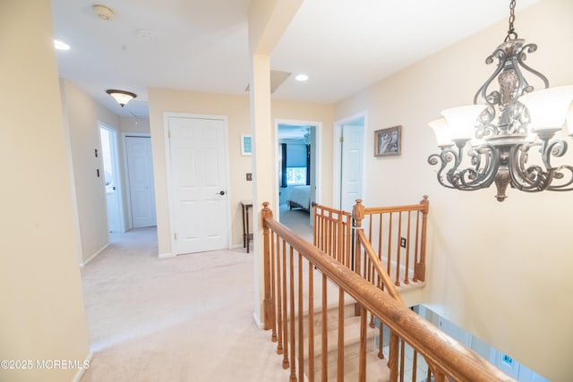 1920 Kenilworth Ct, Toms River, NJ 08753 - hall featuring an upstairs landing, light colored carpet, recessed lighting, and a chandelier