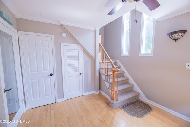 1920 Kenilworth Ct, Toms River, NJ 08753 - staircase with ceiling fan, wood finished floors, and crown molding