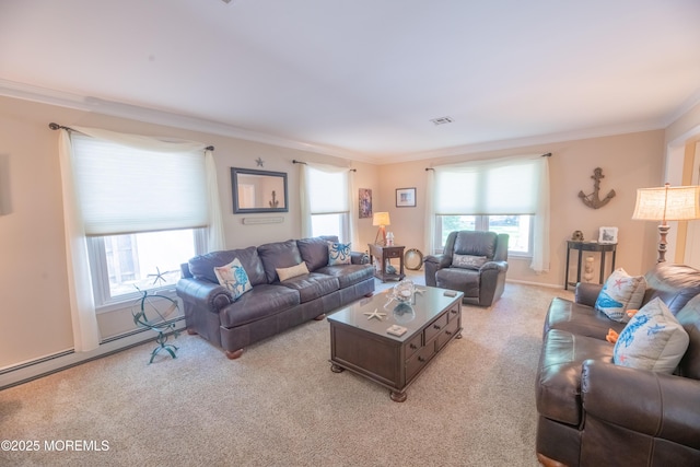 1920 Kenilworth Ct, Toms River, NJ 08753 - living area featuring ornamental molding, light carpet, plenty of natural light, and a baseboard heating unit