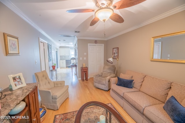 1920 Kenilworth Ct, Toms River, NJ 08753 - living area with light wood-type flooring, a ceiling fan, and crown molding