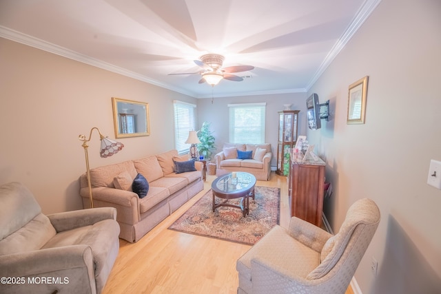 1920 Kenilworth Ct, Toms River, NJ 08753 - living room featuring a ceiling fan, ornamental molding, and light wood finished floors