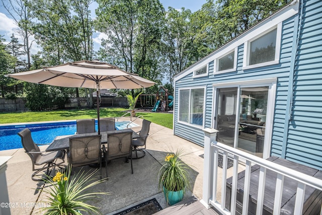 1920 Kenilworth Ct, Toms River, NJ 08753 - view of swimming pool with a playground, a fenced backyard, a patio area, and outdoor dining area