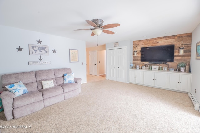 1920 Kenilworth Ct, Toms River, NJ 08753 - living area featuring light colored carpet, a ceiling fan, wooden walls, and baseboard heating