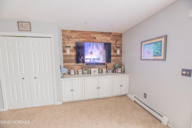 1920 Kenilworth Ct, Toms River, NJ 08753 - bar with baseboard heating, light colored carpet, an accent wall, wood walls, and recessed lighting