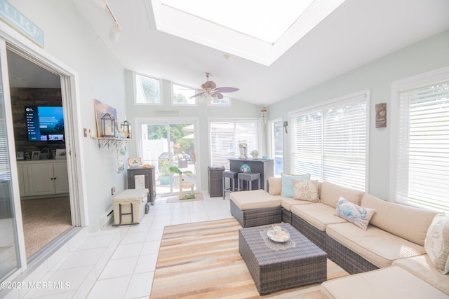 1920 Kenilworth Ct, Toms River, NJ 08753 - living room featuring light tile patterned floors, ceiling fan, and lofted ceiling