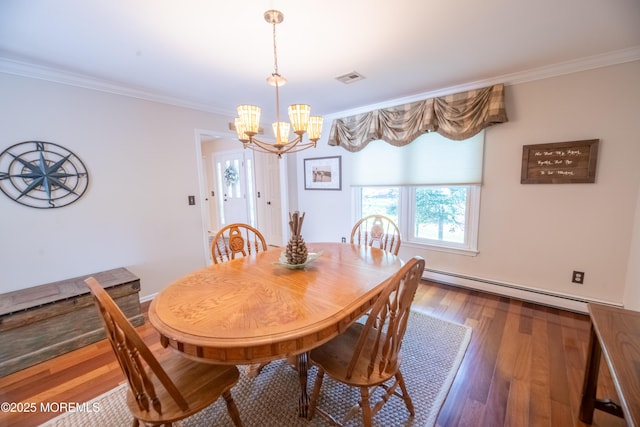 1920 Kenilworth Ct, Toms River, NJ 08753 - dining room featuring a baseboard radiator, a chandelier, crown molding, and wood finished floors