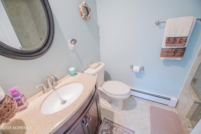 1920 Kenilworth Ct, Toms River, NJ 08753 - bathroom featuring a baseboard heating unit, vanity, a tile shower, and tile patterned floors