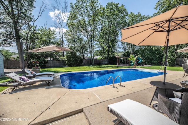 1920 Kenilworth Ct, Toms River, NJ 08753 - view of swimming pool featuring a playground, a fenced backyard, and a patio