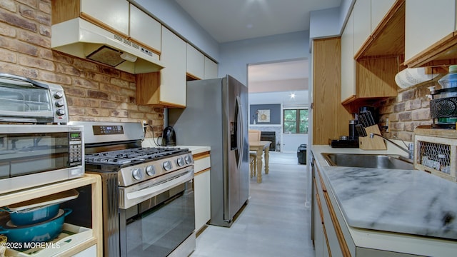 57 Chestnut Way, Manalapan, NJ 07726 - kitchen with stainless steel appliances, under cabinet range hood, a fireplace, light countertops, and white cabinets