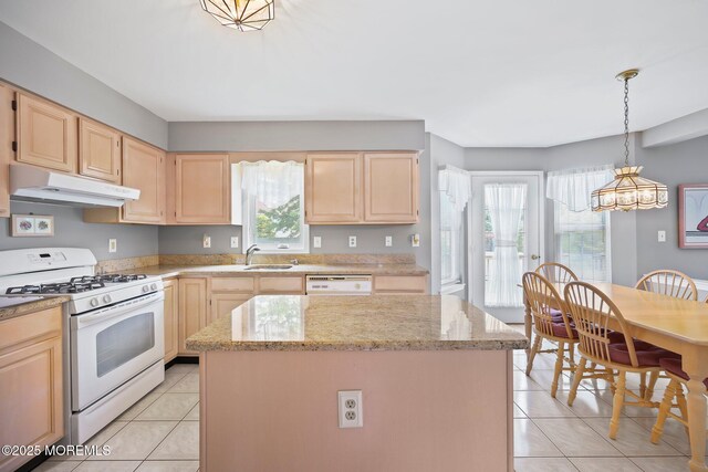 57 High Pointe Way, Matawan, NJ 07747 - kitchen with white appliances, light brown cabinetry, under cabinet range hood, and light tile patterned flooring