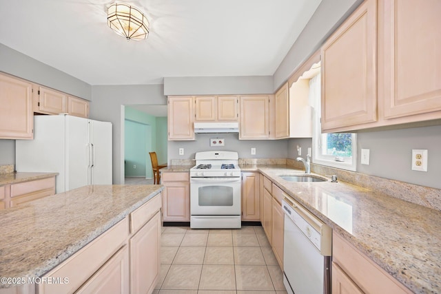 57 High Pointe Way, Matawan, NJ 07747 - kitchen featuring white appliances, under cabinet range hood, light brown cabinetry, light stone counters, and light tile patterned flooring