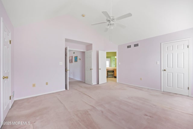 57 High Pointe Way, Matawan, NJ 07747 - unfurnished bedroom with light colored carpet, high vaulted ceiling, ensuite bathroom, and ceiling fan