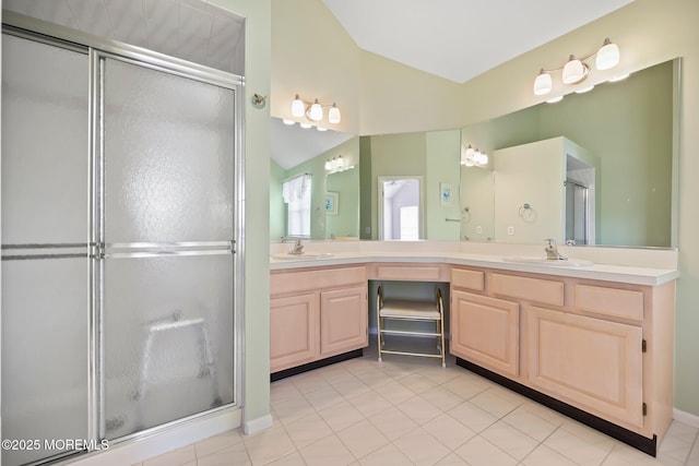 57 High Pointe Way, Matawan, NJ 07747 - full bath with vaulted ceiling, a shower stall, double vanity, and tile patterned flooring