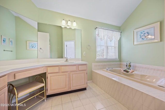 57 High Pointe Way, Matawan, NJ 07747 - bathroom with vaulted ceiling, a bath, vanity, and tile patterned flooring