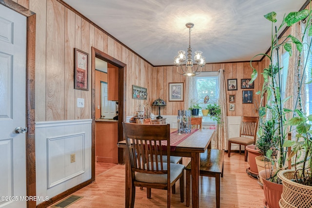 198 W Sylvania Ave, Neptune City, NJ 07753 - dining room featuring light wood finished floors, a chandelier, ornamental molding, and wooden walls