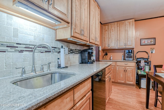 198 W Sylvania Ave, Neptune City, NJ 07753 - kitchen featuring black dishwasher, light brown cabinets, backsplash, light wood finished floors, and light stone counters