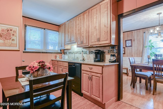198 W Sylvania Ave, Neptune City, NJ 07753 - kitchen featuring a chandelier, dishwasher, tasteful backsplash, light wood-style flooring, and light brown cabinetry