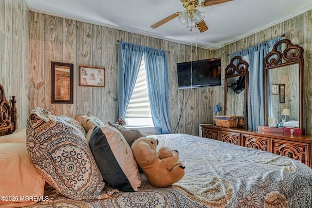 198 W Sylvania Ave, Neptune City, NJ 07753 - bedroom featuring wooden walls, a ceiling fan, and crown molding