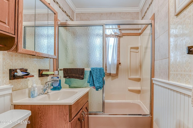 198 W Sylvania Ave, Neptune City, NJ 07753 - bathroom with vanity, combined bath / shower with glass door, and ornamental molding