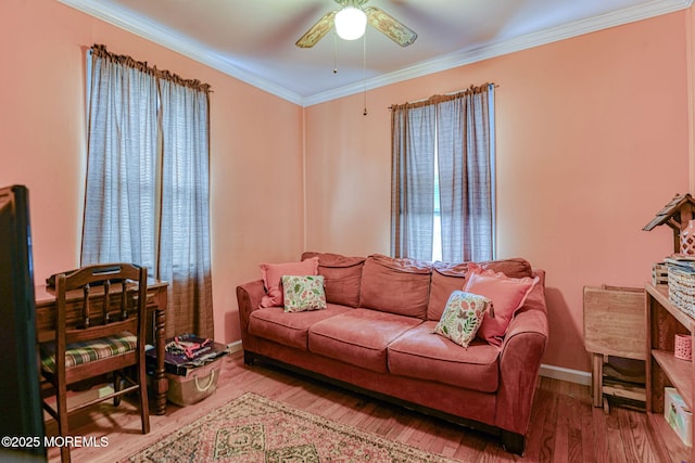 198 W Sylvania Ave, Neptune City, NJ 07753 - living area with a ceiling fan, crown molding, and wood finished floors