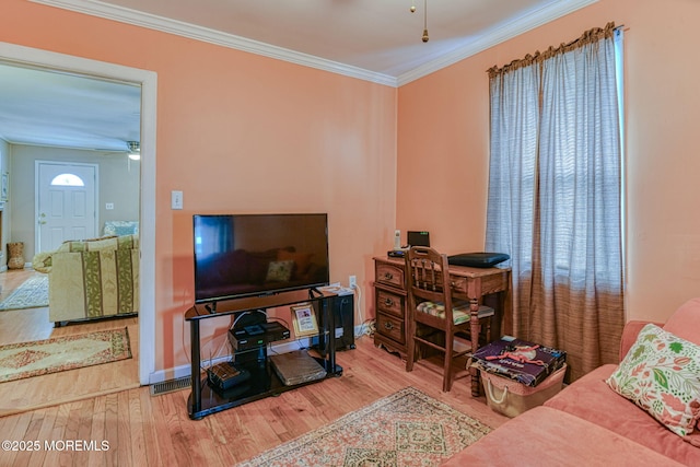 198 W Sylvania Ave, Neptune City, NJ 07753 - living area with wood finished floors, ornamental molding, and a ceiling fan
