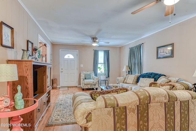 198 W Sylvania Ave, Neptune City, NJ 07753 - living area featuring ceiling fan, light wood-style flooring, and crown molding
