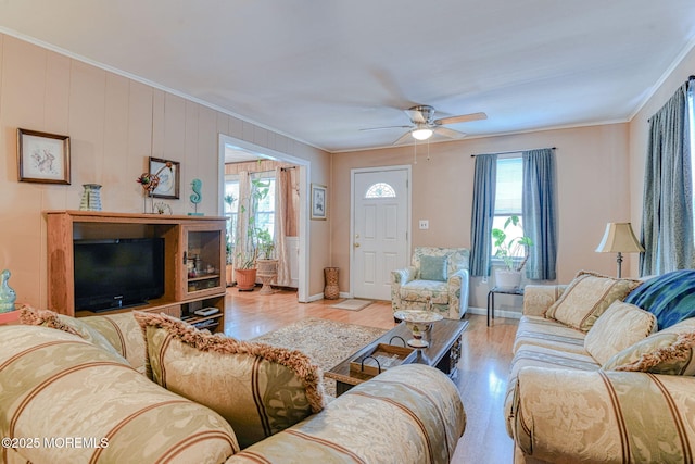 198 W Sylvania Ave, Neptune City, NJ 07753 - living area featuring wood finished floors, a ceiling fan, and crown molding