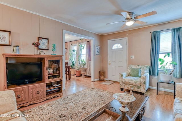 198 W Sylvania Ave, Neptune City, NJ 07753 - living area featuring ceiling fan, crown molding, and wood finished floors