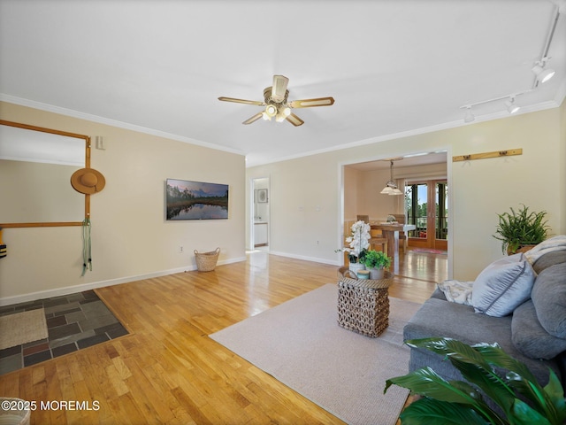 962 Columbus Dr, Brick, NJ 08724 - living area featuring wood finished floors, ceiling fan, ornamental molding, and rail lighting
