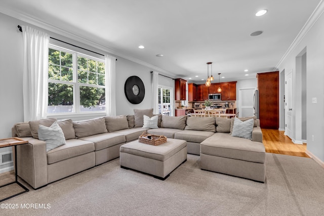 1667 Kalvel Ct, Toms River, NJ 08755 - living room featuring recessed lighting, ornamental molding, and light wood-type flooring