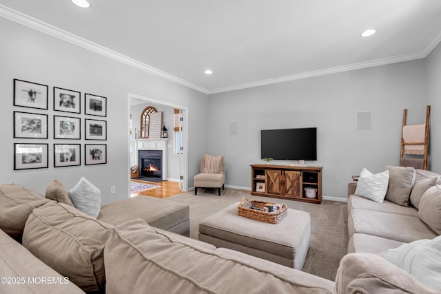 1667 Kalvel Ct, Toms River, NJ 08755 - living room featuring crown molding, carpet, recessed lighting, and a glass covered fireplace