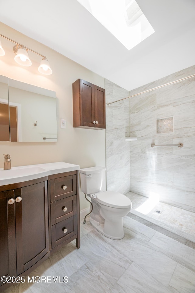 10 Locust Grove Ln, Manalapan, NJ 07726 - full bath featuring vanity, a tile shower, and a skylight