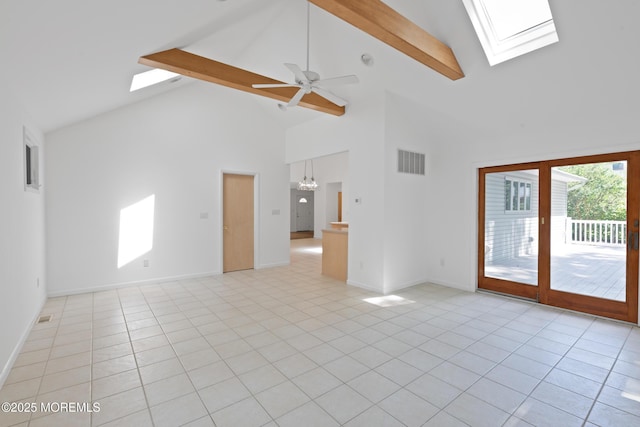 10 Locust Grove Ln, Manalapan, NJ 07726 - unfurnished room featuring high vaulted ceiling, a skylight, beam ceiling, a chandelier, and ceiling fan