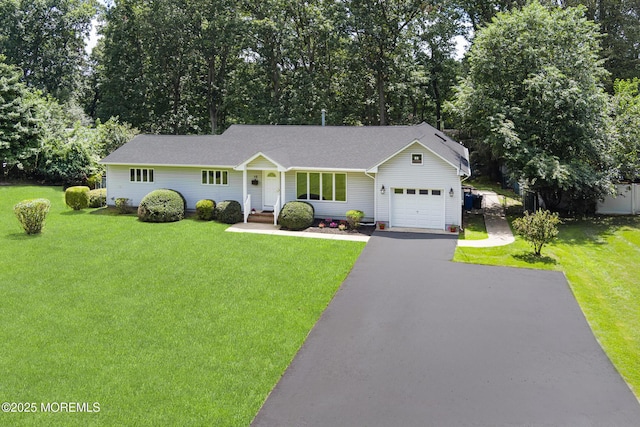 10 Locust Grove Ln, Manalapan, NJ 07726 - ranch-style house featuring asphalt driveway, an attached garage, a front yard, and roof with shingles