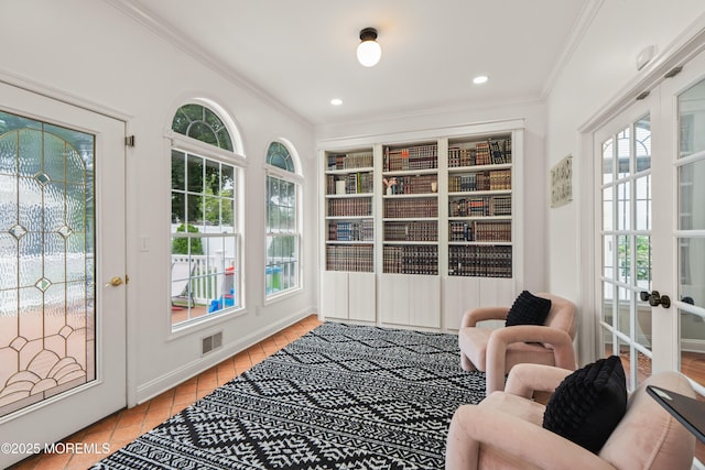 95 Linden Ave, West Long Branch, NJ 07764 - sitting room featuring light tile patterned flooring, crown molding, french doors, and recessed lighting
