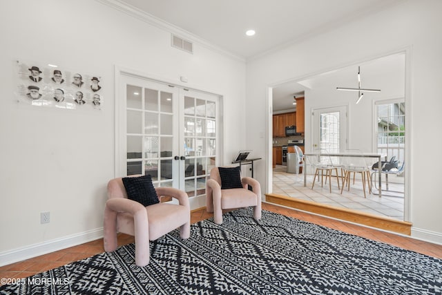 95 Linden Ave, West Long Branch, NJ 07764 - sitting room with tile patterned flooring, french doors, crown molding, and recessed lighting