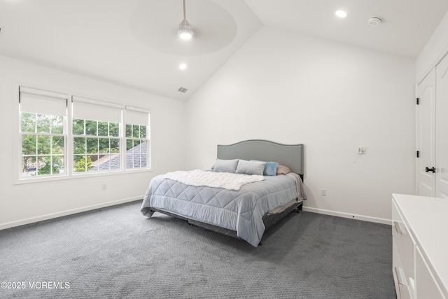 95 Linden Ave, West Long Branch, NJ 07764 - bedroom featuring dark colored carpet, recessed lighting, ceiling fan, and high vaulted ceiling