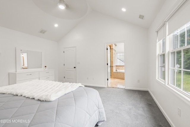 95 Linden Ave, West Long Branch, NJ 07764 - carpeted bedroom featuring multiple windows, ensuite bathroom, recessed lighting, and high vaulted ceiling