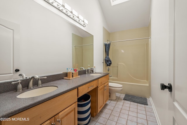 95 Linden Ave, West Long Branch, NJ 07764 - full bathroom featuring double vanity, tile patterned floors, shower / tub combo, and vaulted ceiling