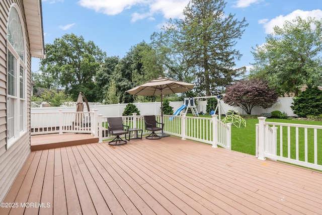 95 Linden Ave, West Long Branch, NJ 07764 - wooden terrace with a playground and a fenced backyard